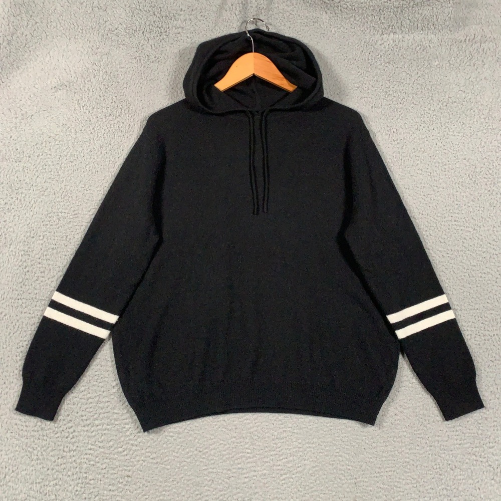 AQUA Cashmere Hoodie Sweater Womens Large Black Varsity Stripe Pullover Knit Top